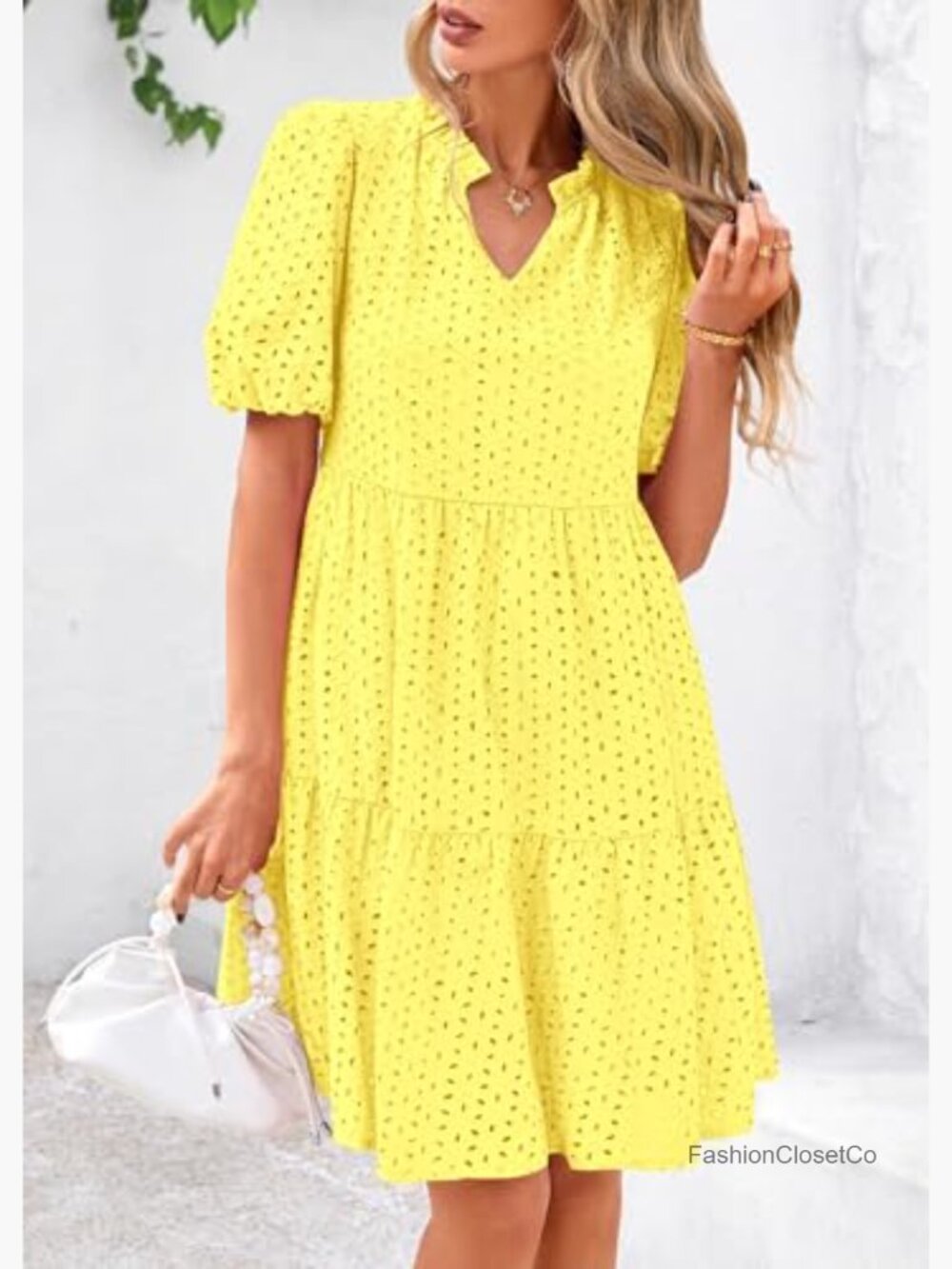 Eyelet Summer Mini Shift Dress with Pockets Short Sleeve V-Neck Tiered Cotton - Picture 5 of 7